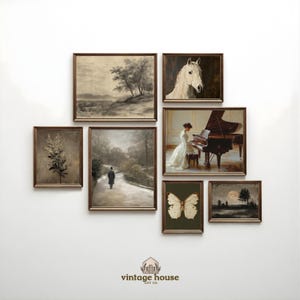 Cover image showing a moody French country cottage wall art bundle with vintage floral paintings, landscapes, portraits, butterflies, moths, and antique-style gallery wall prints.Printable wall art bundle preview featuring dark neutral vintage decor with botanical art, horse portraits, landscape paintings, and elegant old-world cottage styling.Moody vintage print collection arranged as a curated gallery wall with French country floral artwork, natural history prints, and timeless antique home