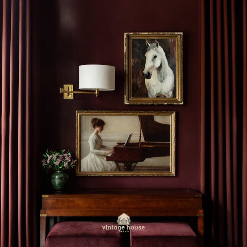 Cover image showing a moody French country cottage wall art bundle with vintage floral paintings, landscapes, portraits, butterflies, moths, and antique-style gallery wall prints.Printable wall art bundle preview featuring dark neutral vintage decor with botanical art, horse portraits, landscape paintings, and elegant old-world cottage styling.Moody vintage print collection arranged as a curated gallery wall with French country floral artwork, natural history prints, and timeless antique home