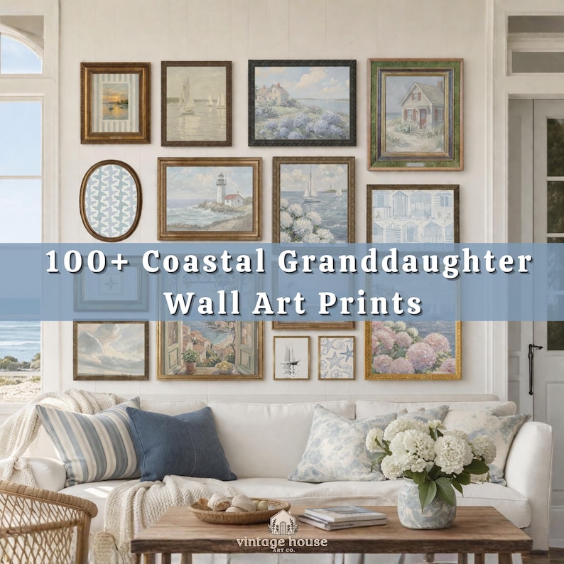 May include: A collection of framed coastal art prints in various sizes and styles, displayed on a white wall above a white sofa. The art features nautical scenes, landscapes, and floral designs. Text on the image reads "100+ Coastal Granddaughter Wall Art Prints."
