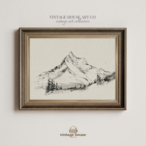 A timeless digital mountain sketch print designed for elegant, nature-inspired interiors. This printable wall art brings a calm, vintage feel to living rooms, bedrooms, offices, and cabin spaces.Vintage printable mountain wall art shown in a dark wood frame, featuring a black and white landscape sketch on a neutral background.Vintage printable mountain wall art shown in a dark wood frame, featuring a black and white landscape sketch on a neutral background.