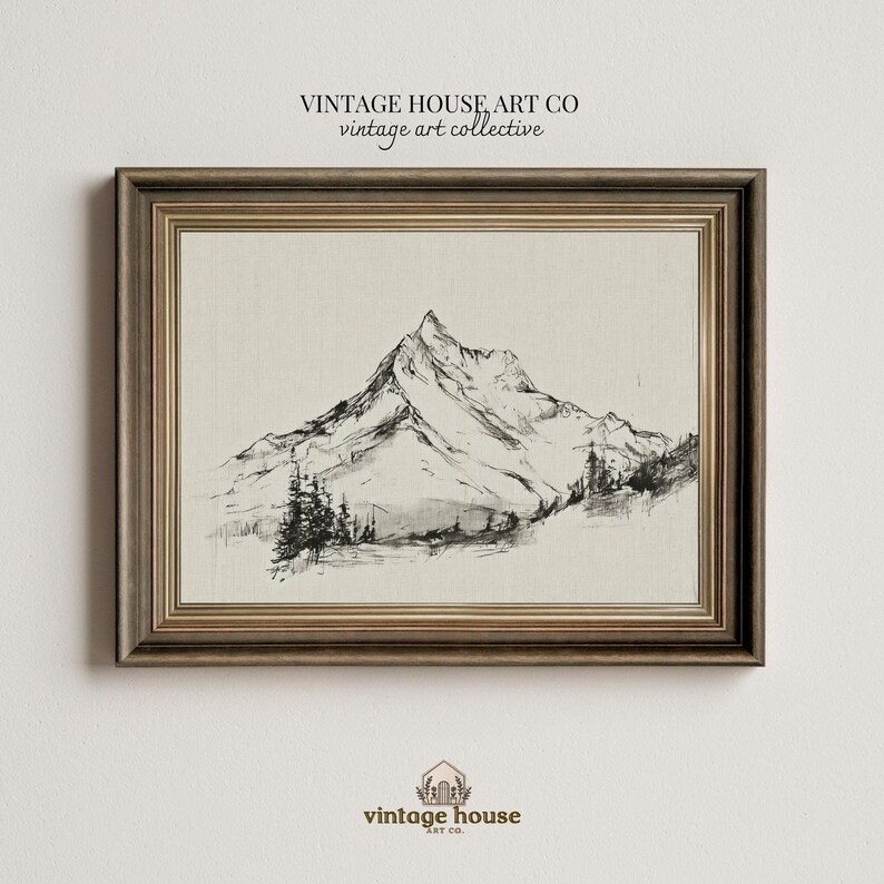 A timeless digital mountain sketch print designed for elegant, nature-inspired interiors. This printable wall art brings a calm, vintage feel to living rooms, bedrooms, offices, and cabin spaces.Vintage printable mountain wall art shown in a dark wood frame, featuring a black and white landscape sketch on a neutral background.Vintage printable mountain wall art shown in a dark wood frame, featuring a black and white landscape sketch on a neutral background.