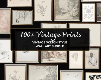 Bundel met meer dan 100 vintage schetsafdrukken, neutrale wanddecoratie voor een fotogalerij (direct te downloaden)