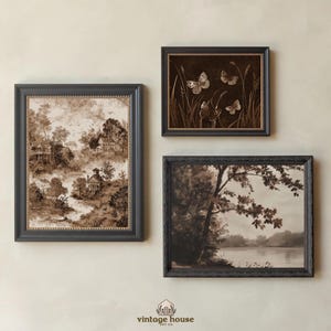 Cover image showing a moody French country cottage wall art bundle with vintage floral paintings, landscapes, portraits, butterflies, moths, and antique-style gallery wall prints.Printable wall art bundle preview featuring dark neutral vintage decor with botanical art, horse portraits, landscape paintings, and elegant old-world cottage styling.Moody vintage print collection arranged as a curated gallery wall with French country floral artwork, natural history prints, and timeless antique home