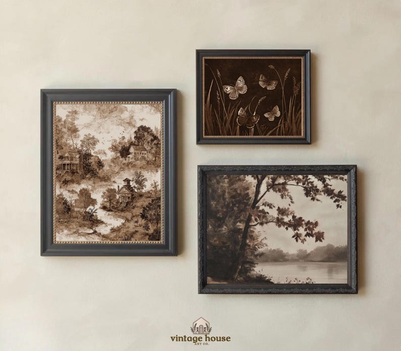 Cover image showing a moody French country cottage wall art bundle with vintage floral paintings, landscapes, portraits, butterflies, moths, and antique-style gallery wall prints.Printable wall art bundle preview featuring dark neutral vintage decor with botanical art, horse portraits, landscape paintings, and elegant old-world cottage styling.Moody vintage print collection arranged as a curated gallery wall with French country floral artwork, natural history prints, and timeless antique home