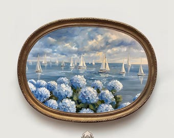 Stampa digitale di un dipinto ad olio raffigurante una barca a vela e un'ortensia, paesaggio marino floreale da appendere al muro (download digitale)