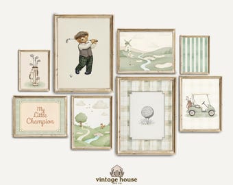Vintage Golf Nursery Prints, Sage Green Watercolor Gallery Wall (Digital Download)