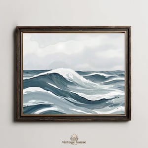 A grouped display of coastal printable wall art with several framed seaside images, including a lighthouse on rocky shore, a sailboat on still water, a sunset harbor scene, a coastal village by the sea, and a text-based nautical design reading Salt Air Adventure. The artwork uses gentle blue, cream, and soft golden tones with watercolor-style detail, creating a classic coastal grandmother mood with elegant nautical imagery and a calm, collected printable bundle look.