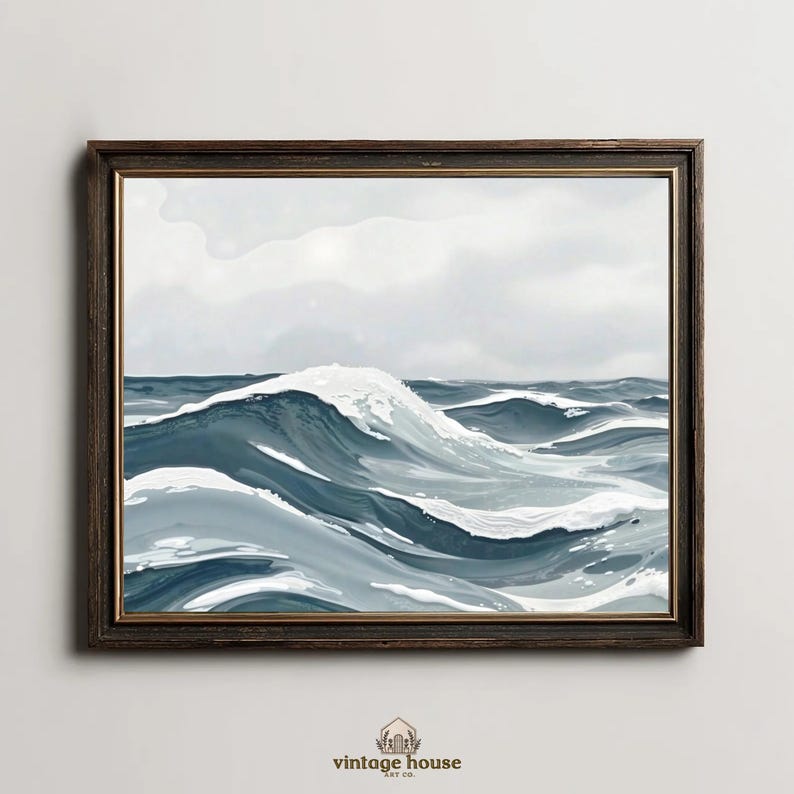 A grouped display of coastal printable wall art with several framed seaside images, including a lighthouse on rocky shore, a sailboat on still water, a sunset harbor scene, a coastal village by the sea, and a text-based nautical design reading Salt Air Adventure. The artwork uses gentle blue, cream, and soft golden tones with watercolor-style detail, creating a classic coastal grandmother mood with elegant nautical imagery and a calm, collected printable bundle look.