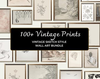 Bundel met meer dan 100 vintage prints, printbare muurdecoratie in schetsstijl, neutrale galerijwand, direct te downloaden