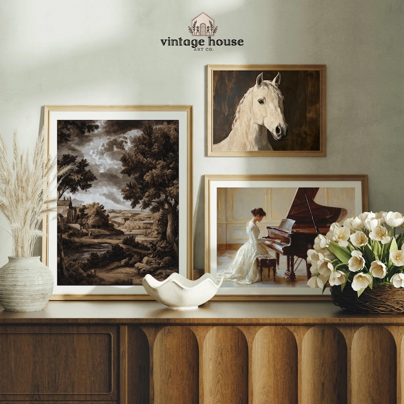 Cover image showing a moody French country cottage wall art bundle with vintage floral paintings, landscapes, portraits, butterflies, moths, and antique-style gallery wall prints.Printable wall art bundle preview featuring dark neutral vintage decor with botanical art, horse portraits, landscape paintings, and elegant old-world cottage styling.Moody vintage print collection arranged as a curated gallery wall with French country floral artwork, natural history prints, and timeless antique home