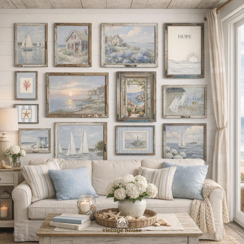 A coastal wall art arrangement with framed printable designs showing sailboats on pale blue water, a blue seahorse illustration, a shoreline cliff scene, a floral harbor landscape, a lighthouse on the coast, rolling ocean waves, a seaside cottage with blue flowers, and blue patterned filler art. The artwork stays light and airy with soft blue, white, and beige tones, giving the full set a relaxed coastal grandmother identity designed for a cohesive printable gallery wall.