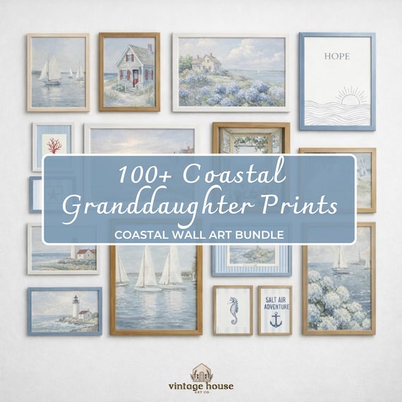 Coastal Grandmother Gallery Wall Prints, Seaside Beach House Blue Art Bundle (Digital Download)