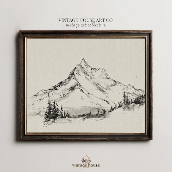 Vintage Mountain Landscape Sketch Print, Neutral Black White Nature Decor (Digital Download)