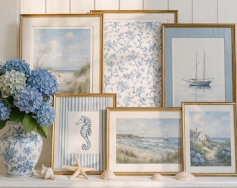 Coastal Grandmother Gallery Prints, Beach House Blue Art Bundle (Digital Download)