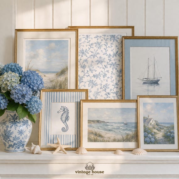 Coastal Grandmother Gallery Prints, Beach House Blue Art Bundle (Digital Download)