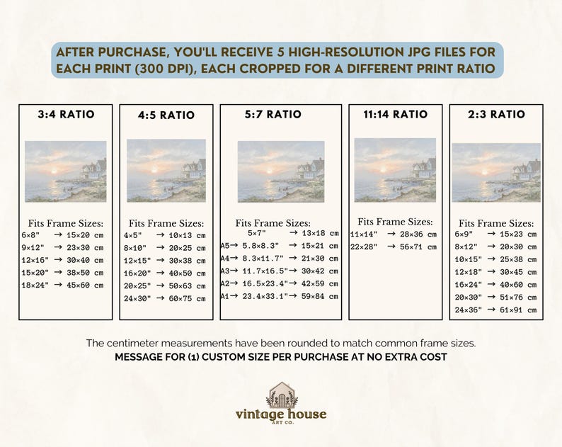 May include: Digital art print with multiple aspect ratios: 3:4, 4:5, 5:7, 11:14, and 2:3. Frame size options range from 15x20 cm to 45x60 cm. The print features a coastal landscape with a house, available in various sizes.