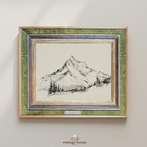 A timeless digital mountain sketch print designed for elegant, nature-inspired interiors. This printable wall art brings a calm, vintage feel to living rooms, bedrooms, offices, and cabin spaces.Vintage printable mountain wall art shown in a dark wood frame, featuring a black and white landscape sketch on a neutral background.Vintage printable mountain wall art shown in a dark wood frame, featuring a black and white landscape sketch on a neutral background.
