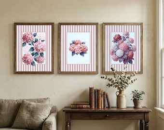 Set of 3 Pink Hydrangea Prints, Vintage Botanical Cottagecore Gallery Wall Art (Digital Download)