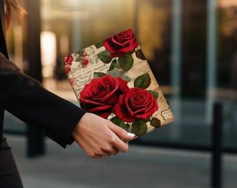 May include: A vintage-style notebook cover featuring a design of red roses and handwritten script. The cover is made of paper and has a textured finish.