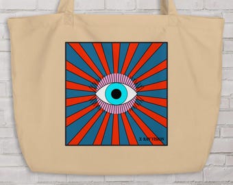 Psycho Eye Bag, Red Blue Tote, Cotton Shopper, Retro Art, Punk Vibe, Edgy Canvas