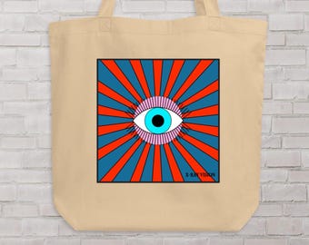 Psycho Eye Bag, Red Blue Tote, Cotton Shopper, Retro Art, Punk Vibe, Edgy Canvas