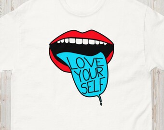 Love Yourself Pop Art Graphic Tee, Edgy Unisex Cotton Shirt, Blue Tongue, Indie Vibe