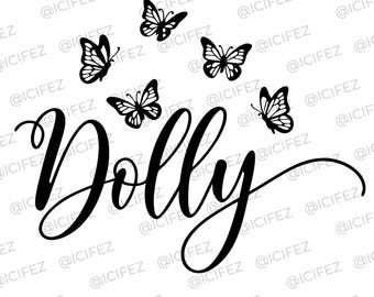 May include: A black graphic design featuring the word Dolly written in a cursive script font, accompanied by five black butterfly silhouettes of varying sizes positioned above the text, all set against a plain white background.