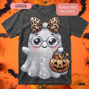 Fantasmino carino con strass PNG / Design per sublimazione di un fantasma di Halloween / Fantasma con fiocco leopardato / Maglietta spettrale di Halloween PNG Download digitale