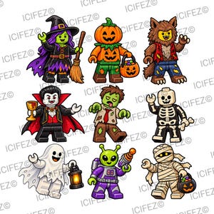 May include: A collection of nine Halloween-themed minifigures including a witch with a broom, a pumpkin-headed character with a candy bucket, a werewolf, a vampire with a goblet, a zombie, a skeleton, a ghost with a lantern, an alien, and a mummy.
