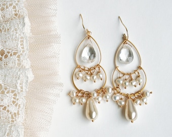 Bridal Chandelier Earrings, Pearl Earrings, Crystal Earrings, Wedding Earrings