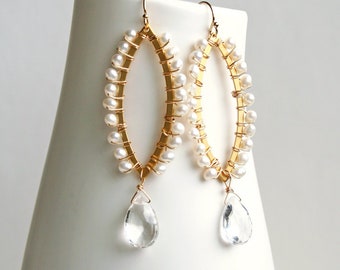 Pearl Wedding Earrings • Bridal Statement Earrings • Crystal Earrings • Long Pearl Bridal Earrings