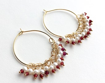 Garnet Hoop Earring, Pearl Earrings, Garnet Jewelry, Boho Hoop Earrings, Bohemian Jewelry
