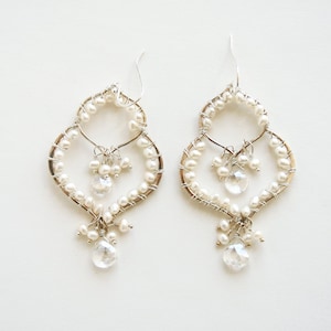 Bridal Chandelier Earrings: Sterling Silver, Pearl & Crystal Quartz