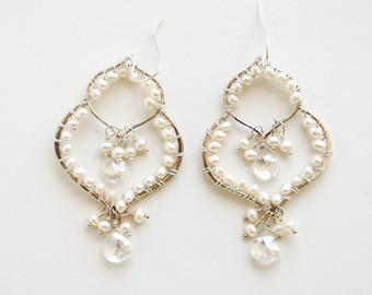 Bridal Chandelier Pearl Earrings, Silver Wedding Earrings, Crystal Jewelry