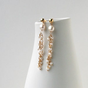 Pearl Dangle Earrings, Long Post Bridal Earrings, Pearl Bridal Jewelry, Handmade Jewelry