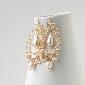 Chandelier Bridal Earrings, Pearl Boho Jewelry, Bohemian Wedding Earrings, Boho Earrings