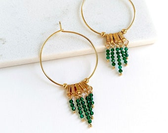 Green Hoop Earrings • Dark Green Gemstone Earrings • Green Hoops