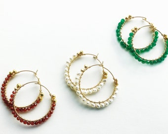 Gemstone Hoop Earrings, Beaded Hoops, Pearl Hoop Earrings
