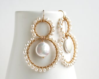 Coin Pearl Earrings, Pearl Wedding Earrings, Boho Bridal Earrings