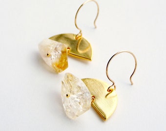 Citrine Bohemian Earrings, Half Moon Earrings, Gold Dangle Jewelry, Boho Earrings