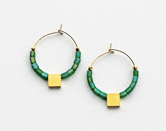 Green Hoop Earrings, Modern Green Hoops, Vintage Green Glass Earrings