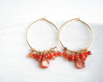 Orange Hoop Earrings • Carnelian Earrings •  Sunstone Earrings • Gemstone Jewelry