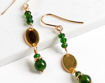 Green Aventurine Dangle Earrings • Green and Gold Dangle Earrings