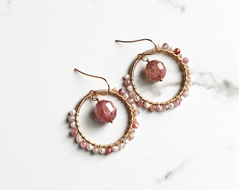 Pink Tourmaline and Pearl Earrings, Strawberry Quartz, Beaded Gemstone Earrings