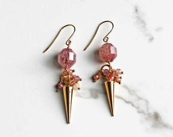 Pink Dangle Earrings • Spike Earrings • Strawberry Quartz Earrings • Statement Earrings