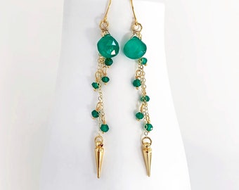 Long Green Onyx Earrings • Spike Earrings • Green and Gold Earrings