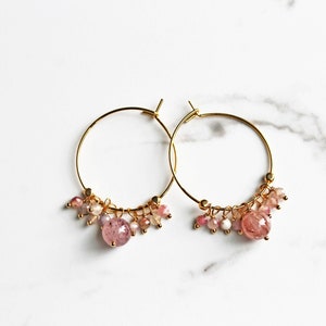 Strawberry Pink Hoops Pink Gemstone Hoops Handmade Jewelry Gift for Her image 1