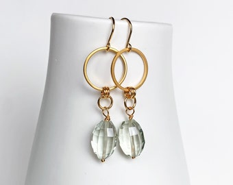 Green Amethyst Drop Earrings: 14K Gold Filled Prasiolite Gemstone