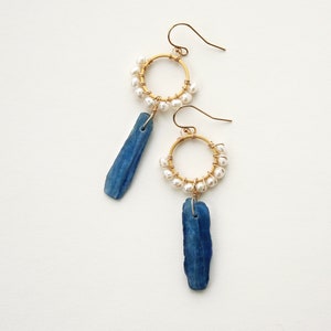 Kyanite & Pearl Dangle Earrings: 14K Gold-Filled Bohemian Jewelry