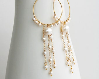 Pearl Wedding Hoop Earrings, Boho Wedding Earrings Pearl, Pearl Hoops, Boho Bride